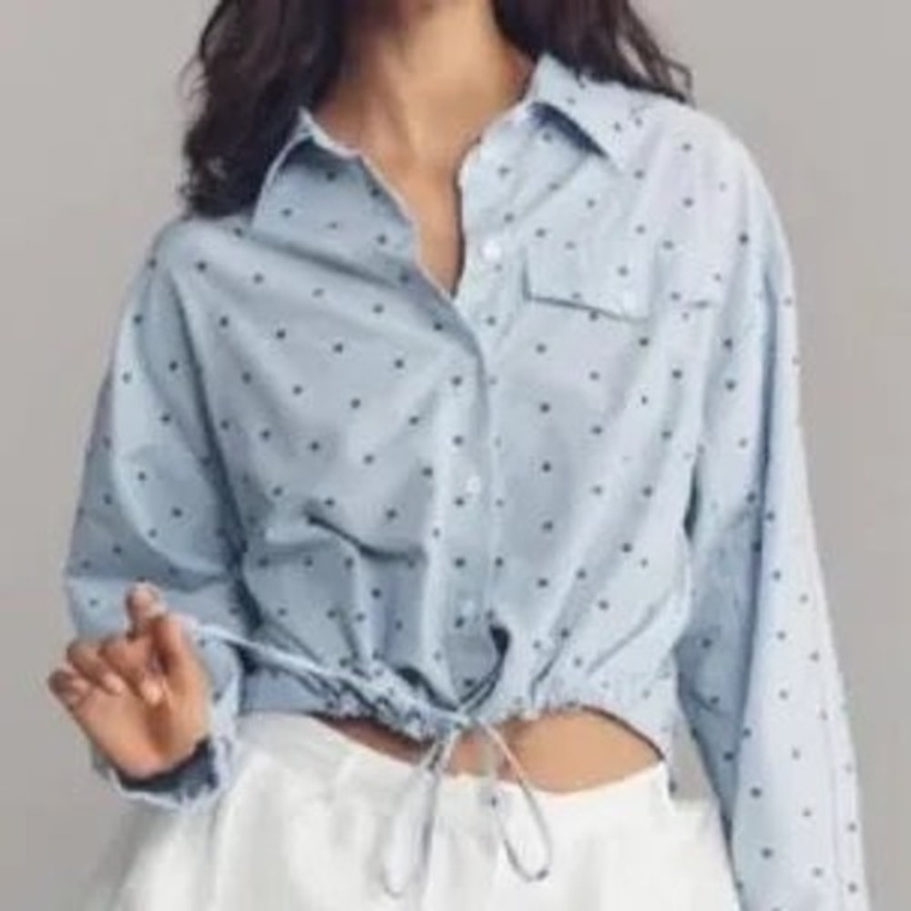 Maeve Button Down Shirt Womens XL Blue Excellent Pinstripe Drawstring Hem Top